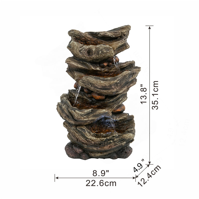 9X5x14" Indoor Brown Wood-Look Water Fountain, 4-Tier Polyresin Cascading Wood Tabletop Fountain With LED Light