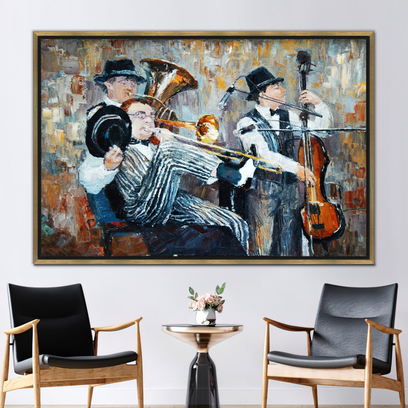 Reproduction d'art sur toile Jazz, H 26 po x l 37 po, Impression encadrée flottante sans passe-partout, Doré