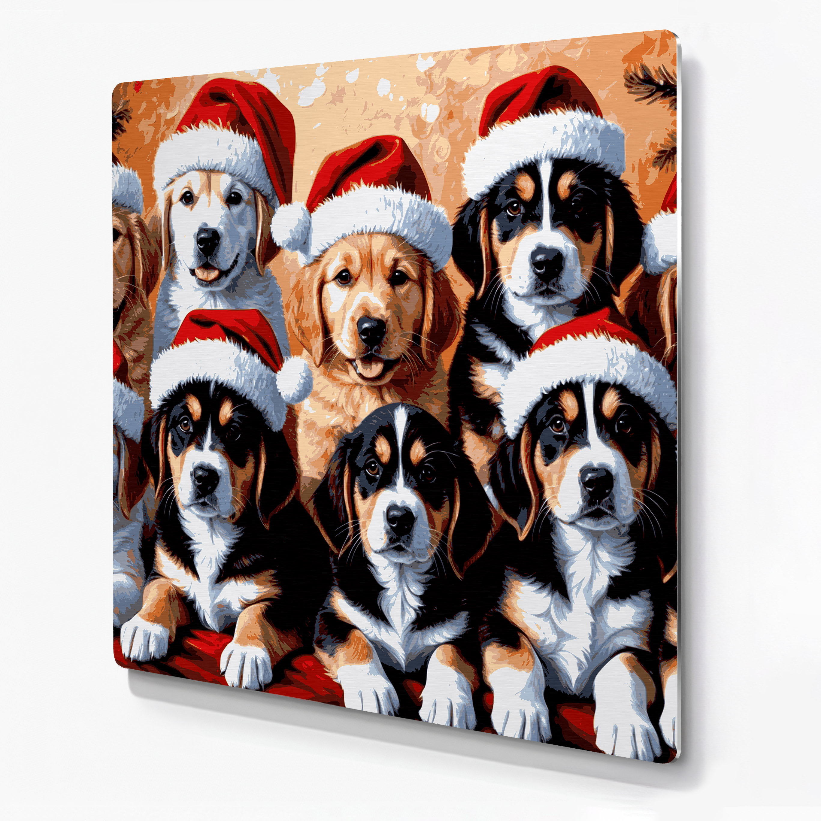 The Holiday Aisle® Christmas Puppies wearing Santa hats Gray Metal Wall ...