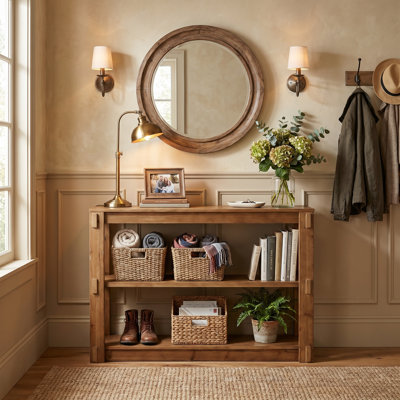41.34" Solid Wood Console Table, Farmhouse Sofa Table with 3-Tier Open Storage