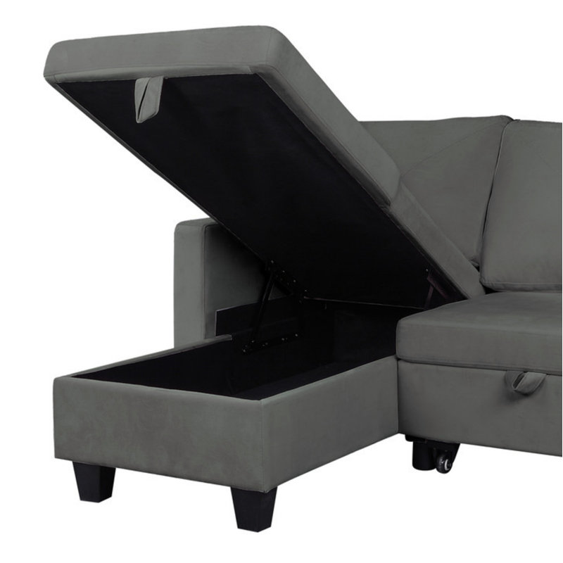 Velvet Reversible Sleeper Sectional Sofa With Storage Chaise, Dark Gray Velvet