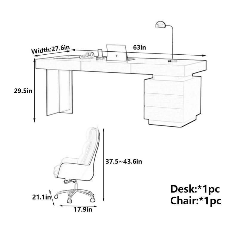 Bureau moderne moderne minimaliste fumé, H 29,5 po x l 63 po x P 27,6 po