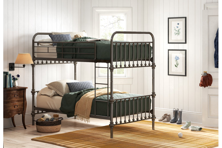 bunk beds with a large plaid area rug