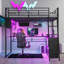 Lit mezzanine double, construction en métal avec DEL intégrée, bureau intégré et 4 tablettes de rangement, noir élégant
