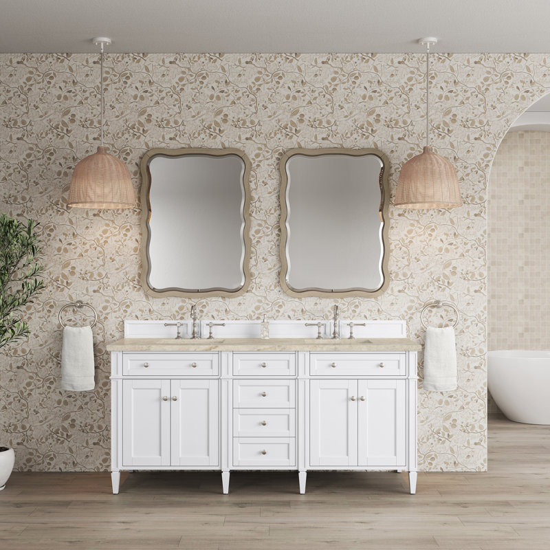 Meuble-lavabo double l 72 po Dussault, Blanc brillant, Perle jasmin éternelle, 8 po