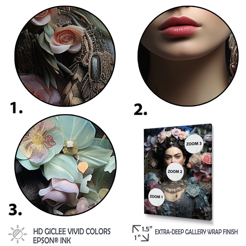 Floral, rose et bleu, Portrait mexicain I - femme mexicaine, art mural, Cadre flottant noir, H 20 po x l 12 po