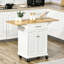 Îlot de cuisine portable avec abattant polyvalent, armoire à tiroirs, serviette, plateau en bois naturel, pliable mobile blanc