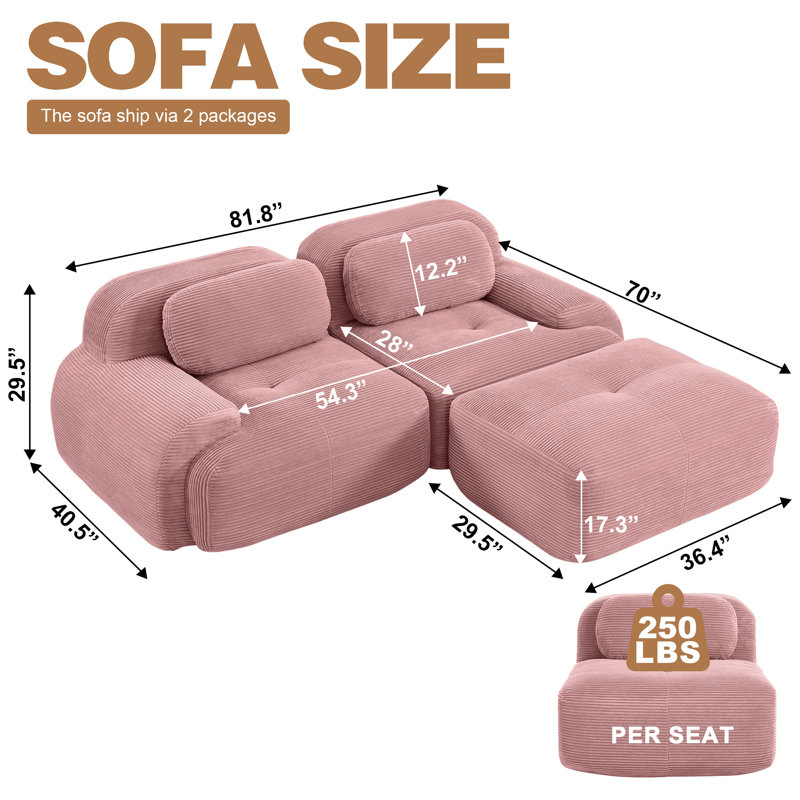 Canapé en forme de L à 2 places avec repose-pieds, velours côtelé de 28 po de profondeur, sans assemblage requis, rose Boneless