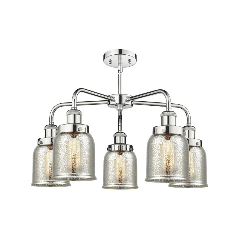 Lustre en verre à 5 lumières Bell, Argent mercuré plaqué, Chrome poli