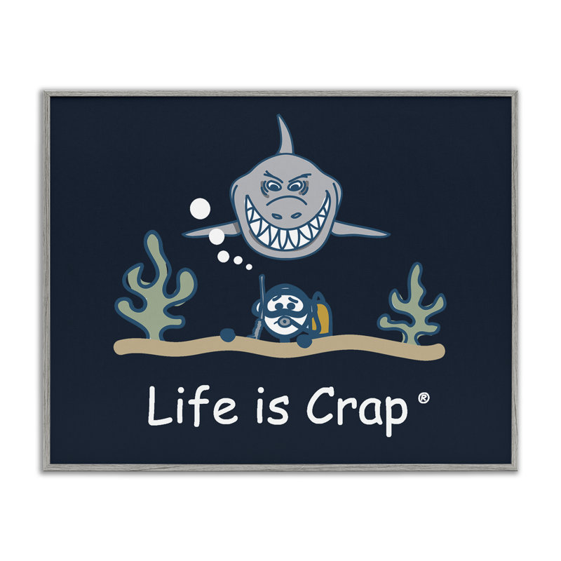 Scary Scuba Shark Giclee Art by LIC, 11" H x 14" W, Farmhouse Gray Framed Giclee