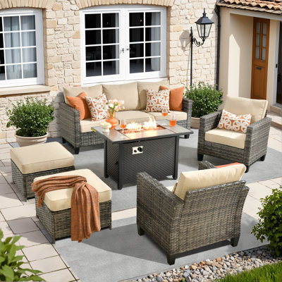 Harbin Wicker 5 Piece Rattan Sofa Seating Group with Cushions with Armchairs