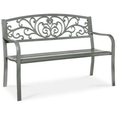 Outdoor Steel Bench Garden Patio Porch Furniture W/ Floral Design Backrest by Alcott Hill