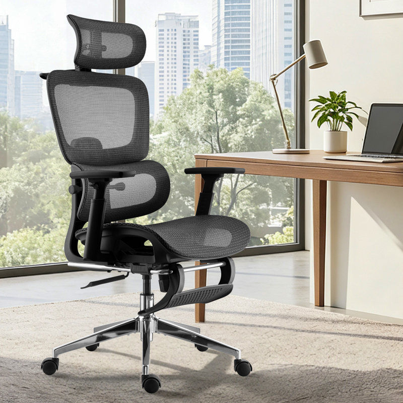 Fauteuil de bureau ergonomique, fauteuil de bureau en filet pour la maison, fauteuil de jeu confortable avec repose-pieds, roulettes, appui-tête réglable en 2 dimensions, soutien lombaire, dossier haut et accoudoir 3D, noir