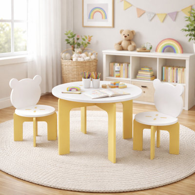 Ensemble de table et de chaises pour enfants 3 pièces, table d'activités pour tout-petits avec 2 chaises à dossier en forme d'ours, table de jeu en bois robuste pour salle de jeux, chambre à coucher, école maternelle, assemblage facile, mobilier sécuritaire et durable pour tout-petits