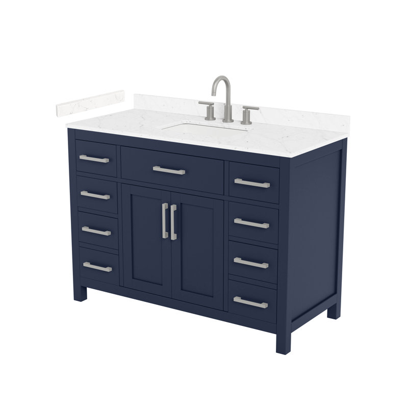 Meuble-lavabo simple de 48 po Beckett en bleu foncé, comptoir en marbre de culture de Carrare, lavabo carré encastré (3 trous), garniture en nickel brossé