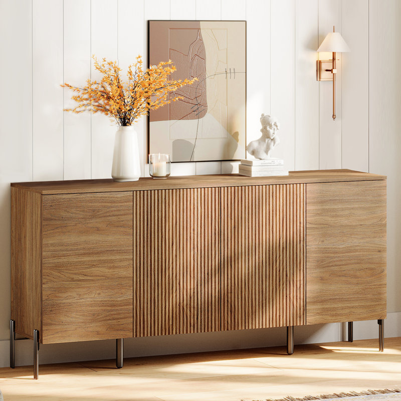 Wooden Reeded Baby Dresser For Bedroom, 61" 4-Door Cabinet For Kids, Mid Century Modern Closet Storage Organizer For Nursery, Living Room, Hallway