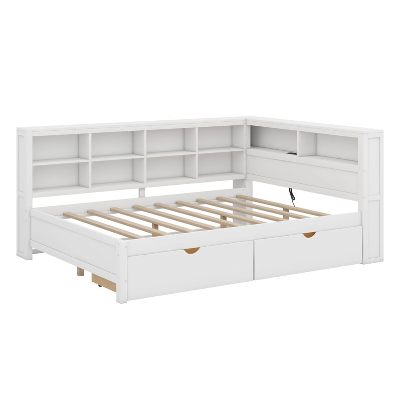 Wooden Full Size Daybed With 2 Drawers, Daybed With Storage Shelf And USB Charging Ports, White