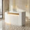 Bureau de réception en L moderne avec tiroir verrouillable, lumières DEL et prises intégrées, parfait pour le comptoir de caisse, le salon, le bureau et la réception du service à la clientèle