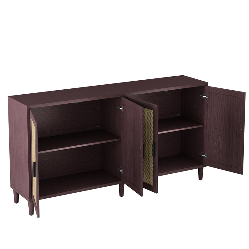 Armoire de rangement brune de 70 pouces avec quatre portes et tablettes réglables, support de charge solide, portes décoratives de buffet faciles à entretenir de 70 po, surface propre