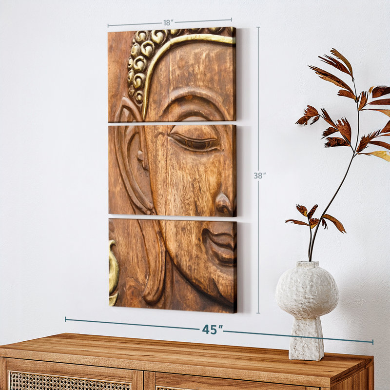 Bouddha en bois sculpté 3 pièces, H 38 po x l 18 po x P 1,25 po