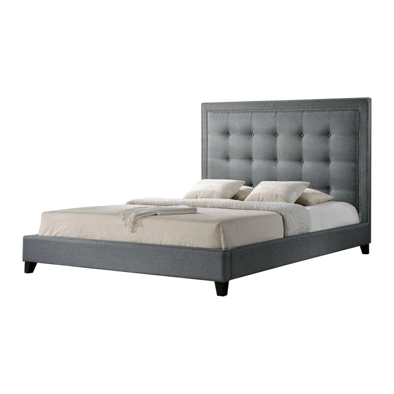 Lit plateforme tapissier capitonné Chelsia, Gris, Grand