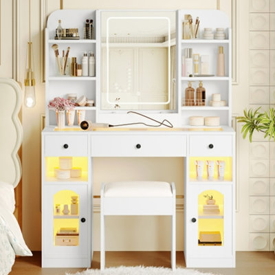  Vanity Desk with LED Mirror and RGB Glass Light Cabinets, Glass Top Dressing Table with 3 Drawers and Storage Shelves, Vanity Set with Stool and Charging Station for Bedroom, White