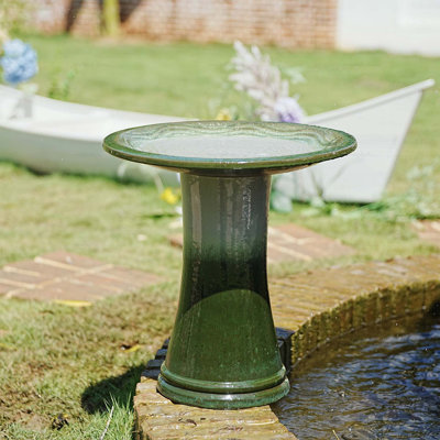 Handmade Glazed Ceramic Bird Bath with Concentric Ripple Tray and Pedestal Base, White to Sage Green Ombre Gradient for Outdoor Use