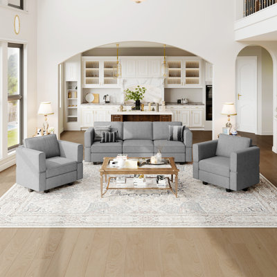Kimbrel 3-Pieces Polyester Blend Storage Seat Sofa Set Modular Sectional Couch Set For Apartment Livingroom Lounge, 2 Single Armchairs & 3-Seat Sofa Set
