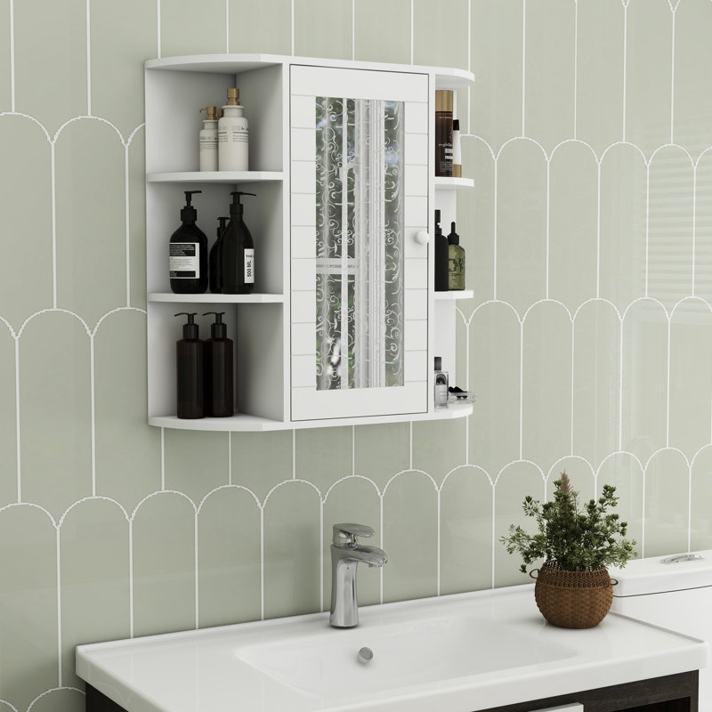 Miroir de salle de bain mural à fixation murale - intérieur spacieux, tablettes réglables, finition blanche avec porte 6 tablettes ouvertes, 3 réglables,
