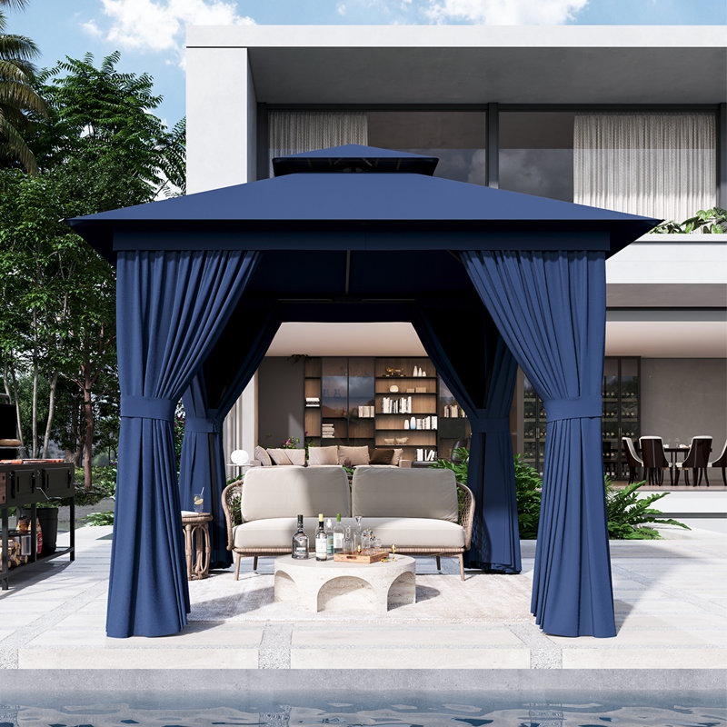 8x8 Ft Outdoor Gazebo With Double Roof, Patio Canopy With Mosquito Netting And Curtains, Suitable For Patios, Lawn And Backyard