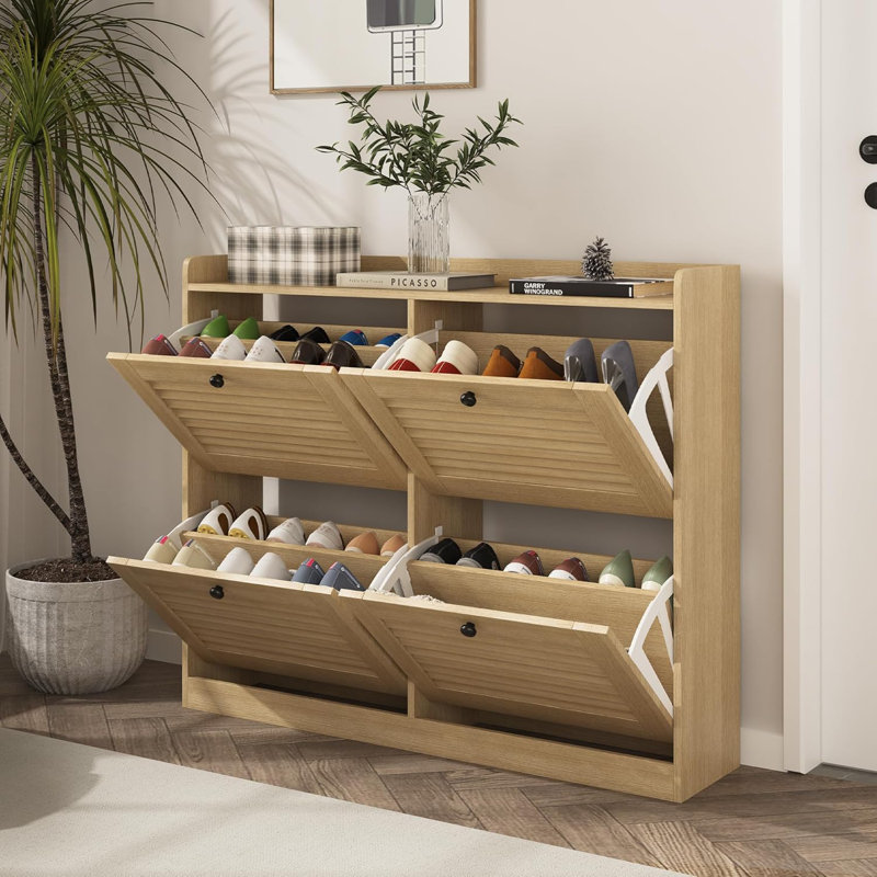 Grande armoire à chaussures avec 4 tiroirs rabattables, armoire à chaussures étroite pour entrée avec pieds en bois, Ivory
