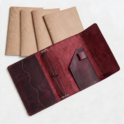 Ensemble de 4 carnets rechargeables A5 en cuir PU avec couverture, reliure à élastique, porte-cartes et porte-stylo, disponible en noir et bordeaux, idéal pour les voyages, le bureau et l'écriture quotidienne.