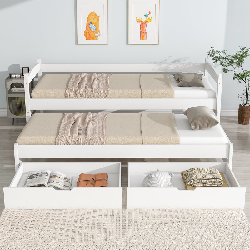 Daybed With Extendable Single To Double Bed, Rolling Trundle & 2 MDF Drawers – Solid Wood Frame, White