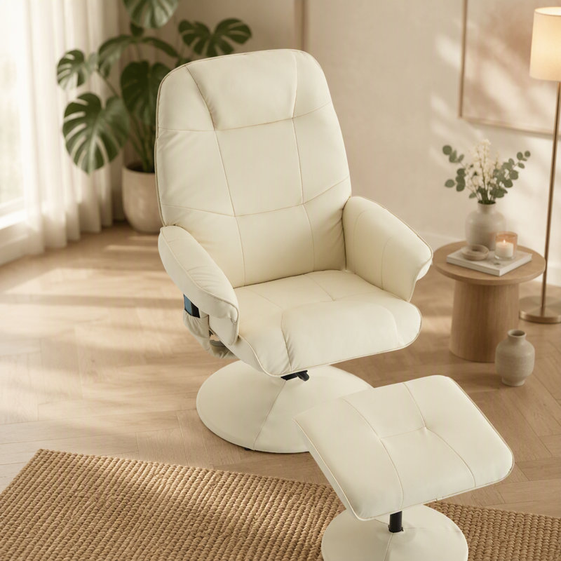 Fauteuil de massage inclinable avec repose-pieds, fauteuil de bureau pivotant à 360° avec siège chauffant et dossier réglable, PU, ​​beige