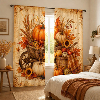 2Pcs Autumn Harvest Pumpkin Cart Curtains Light Filtering Rod Pocket Window Drapes, Farmhouse Living Room Bedroom Kitchen Decor