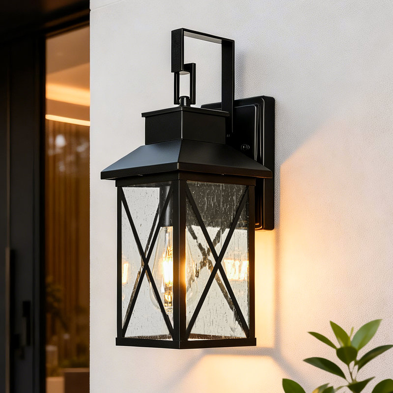 15 In. 1-Light Matte Black Outdoor Wall Sconce With Clear Seeded Glass - E26, Wet Rated, Modern Style