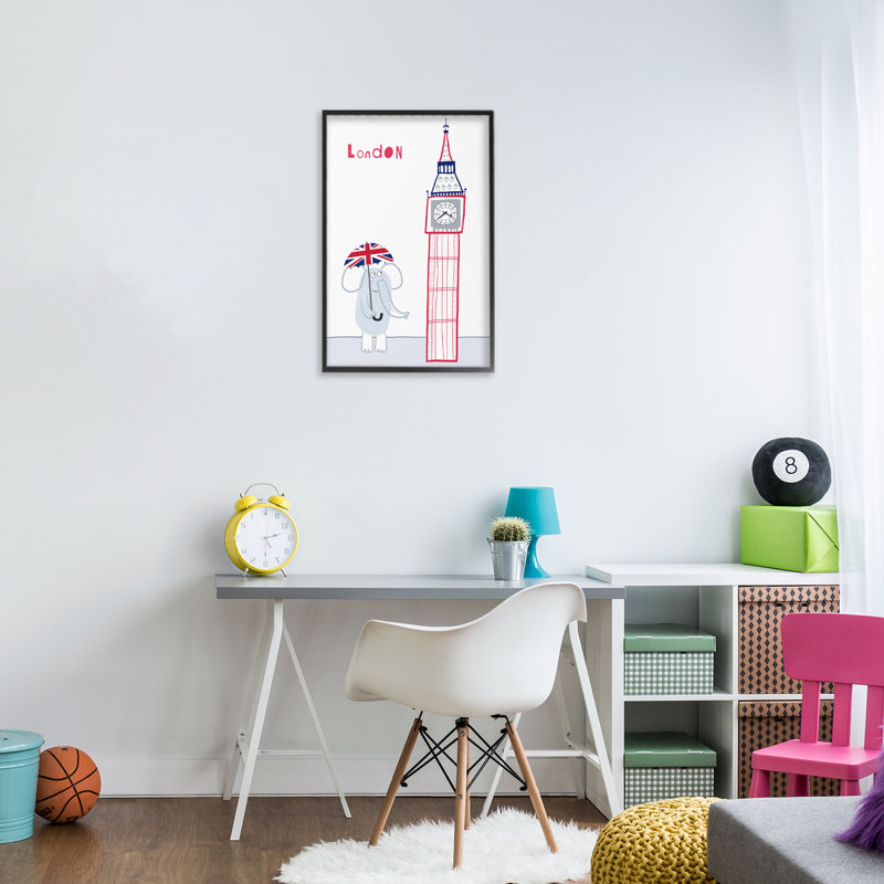 Éléphant et Big Ben London, estampe numérique, design par Carla Daly, H 18 po x l 12 po, Giclée encadrée noir minuit