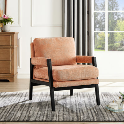Fauteuil Mid-Century moderne orange - tissu chenille, siège rembourré, assise de base, coussin de dossier amovible, bois massif