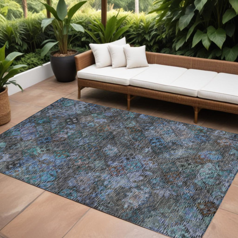 Tapis extérieur bleu sarcelle et gris anthracite lavable floral 10 pi x 14 pi