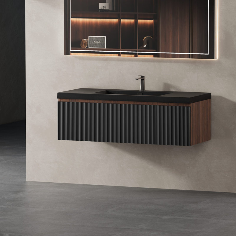 Meuble-lavabo mural 48 po avec lavabo à surface solide 48 po, Noyer, Noir, noir, noir, noir