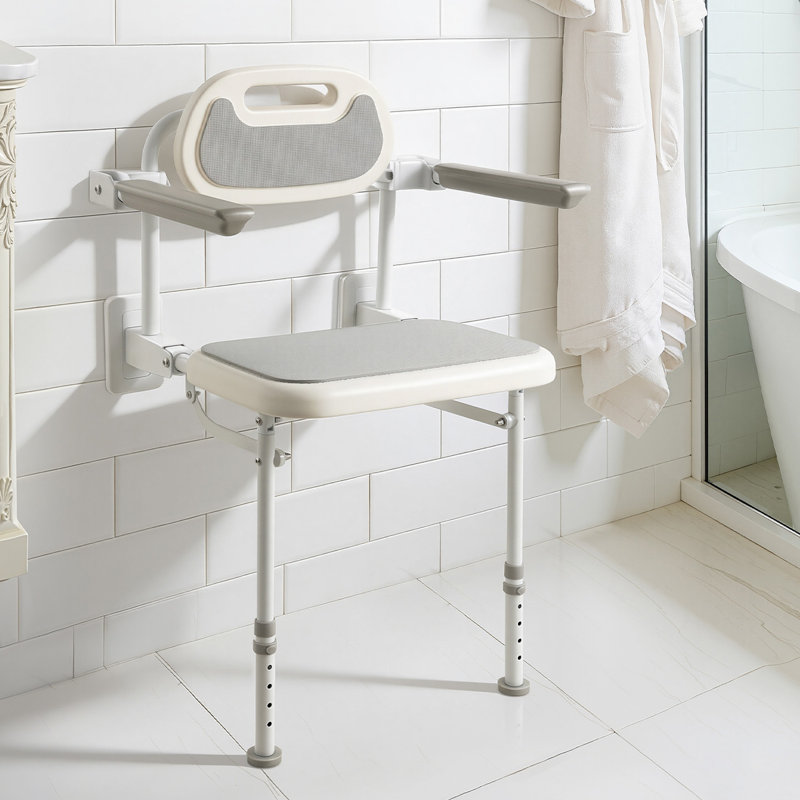 Foldable Shower Chair Wall Mounted, 18" Folding Shower Seat with Backrest, Armrest & Adjustable Legs, HDPE Fold-Down Bathroom Chair Stainless Steel Frame for Adults Seniors, 330LBS Loading