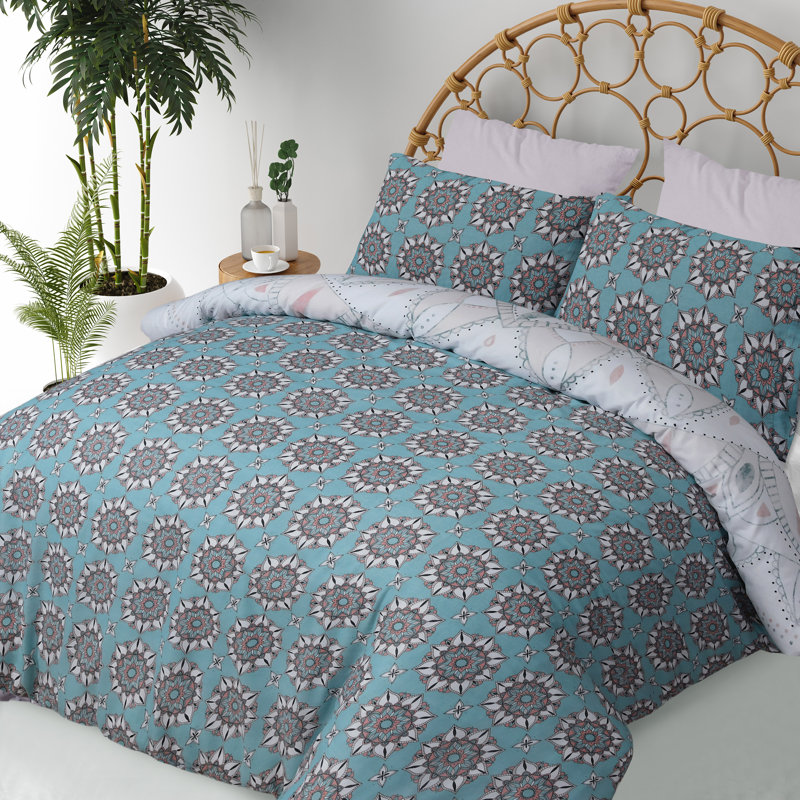 Clintin Cotton Blend Duvet Cover with Pillowcases, Teal, Super King + 2 Standard Pillowcases