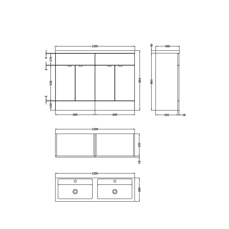 Fusion Double Bathroom Vanity with Integrated Vitreous China Basin, Anthracite Woodgrain