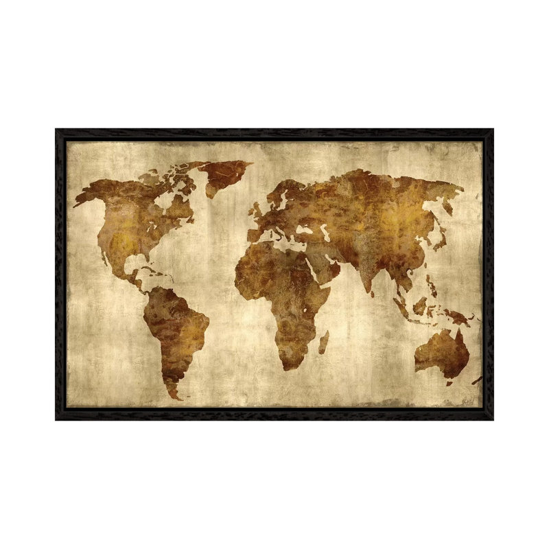 The World - Bronze On Gold by Russell Brennan - Print on Canvas, 66.04 cm H x 45.72 cm W, Black Floater Framed