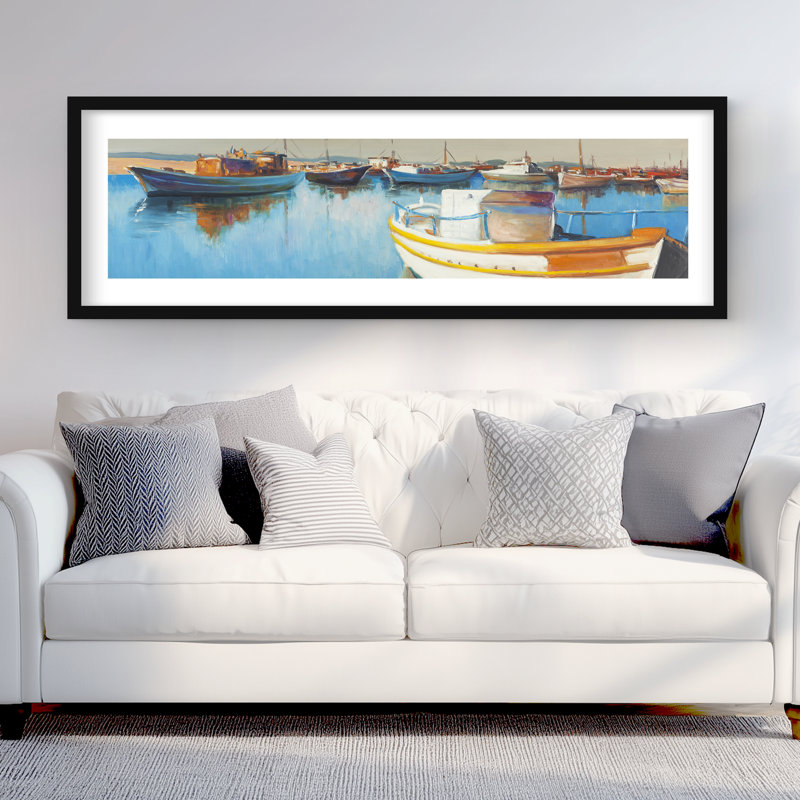 Bateaux de pêche à la marina - reproduction côtière encadrée pour la décoration