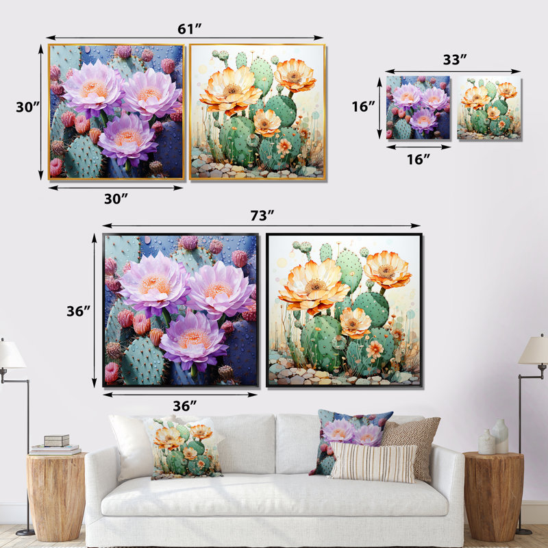 Cactus corail, impression romantique - ensemble de 2 collages floraux carrés, H 16 po x l 33 po, Toile tendue