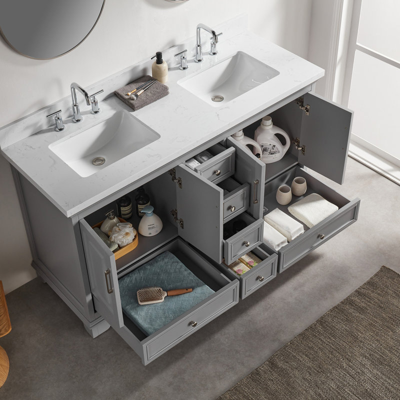 Meuble-lavabo double autoportant de 60 po avec pierre artificielle entièrement assemblé, Gris