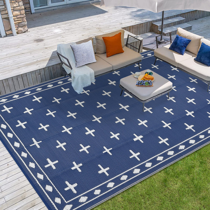 Reversible Waterproof Outdoor Rug 9x12ft – Modern Navy/White Geometric Plastic Straw Mat – UV & Mark Resistant, Easy Care, Collapsible – Perfect for Patio, RV Awning, Navy