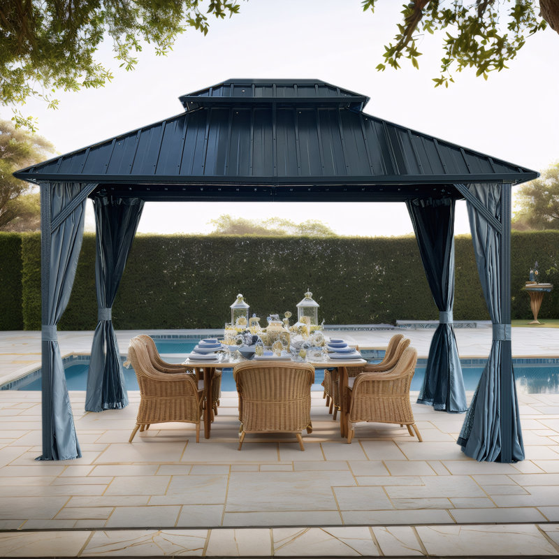 Hardtop Gazebo with Galvanized Steel Double Roof, Sturdy Aluminum Frame, Curtains, and Netting for Patio, Lawn, and Garden