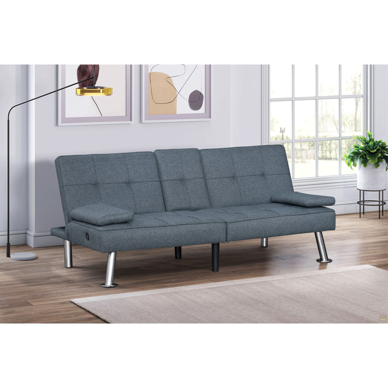 Canapé-lit convertible moderne en tissu gris avec ports USB et porte-gobelets rabattables